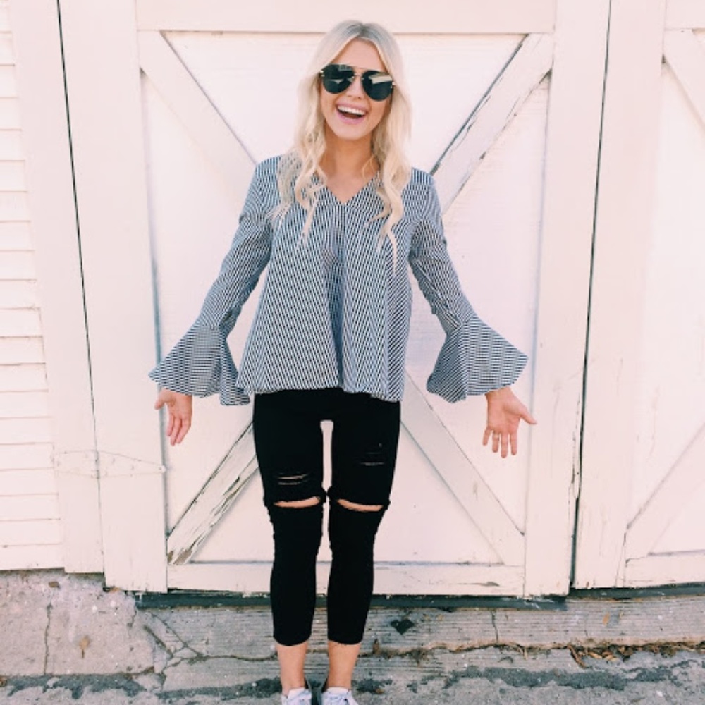 V Neckline Gingham Bell Sleeve Top